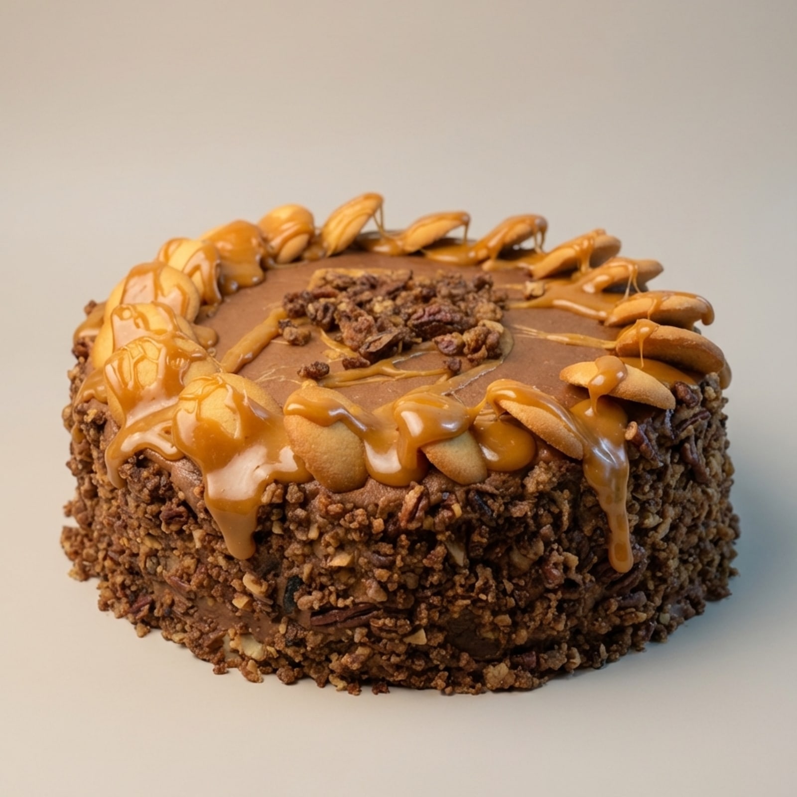 Round cake with caramel frosting, vanilla wafer border, nut crumble sides, and praline-style topping.