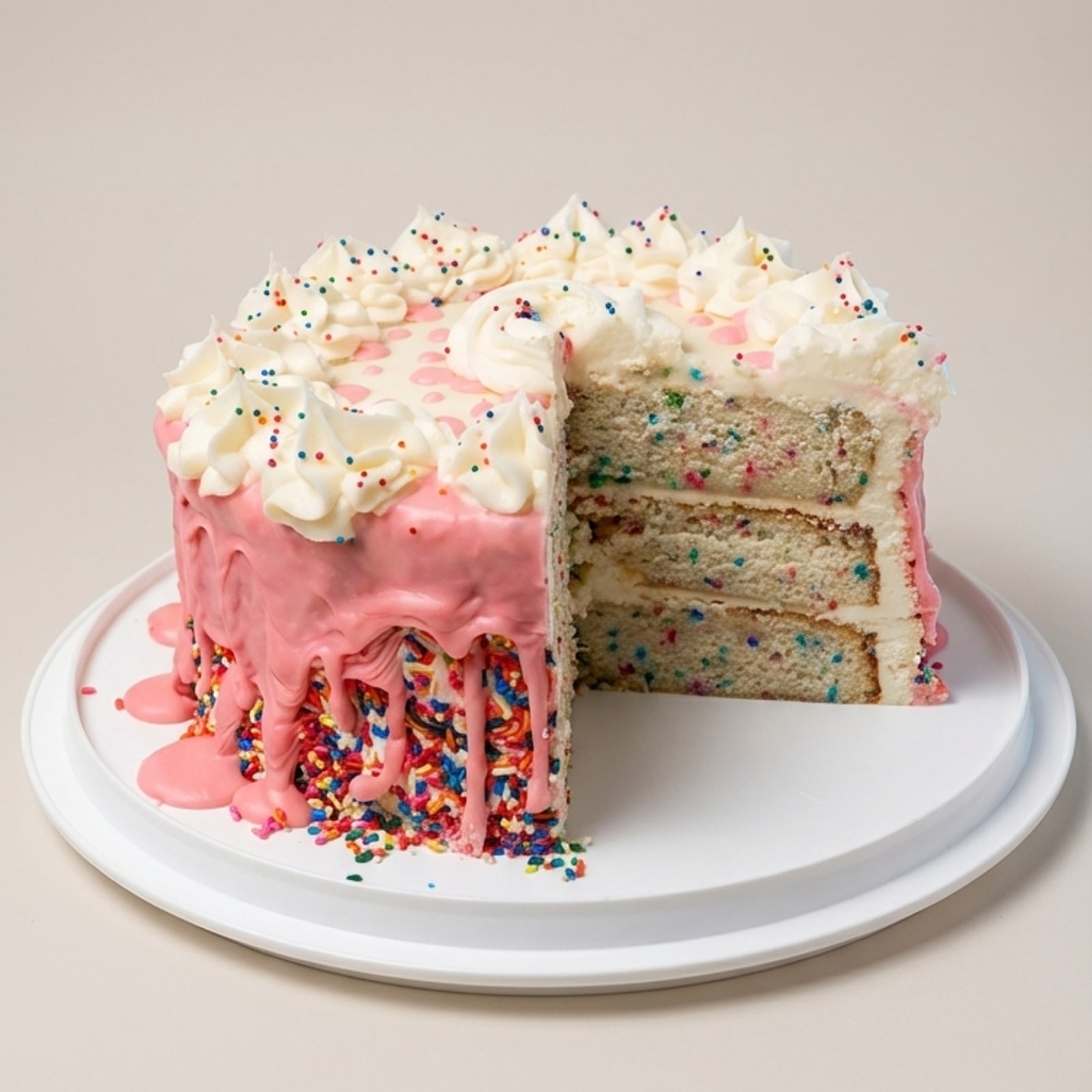 Three-layer funfetti cake with white frosting, pink drip, and rainbow sprinkles.