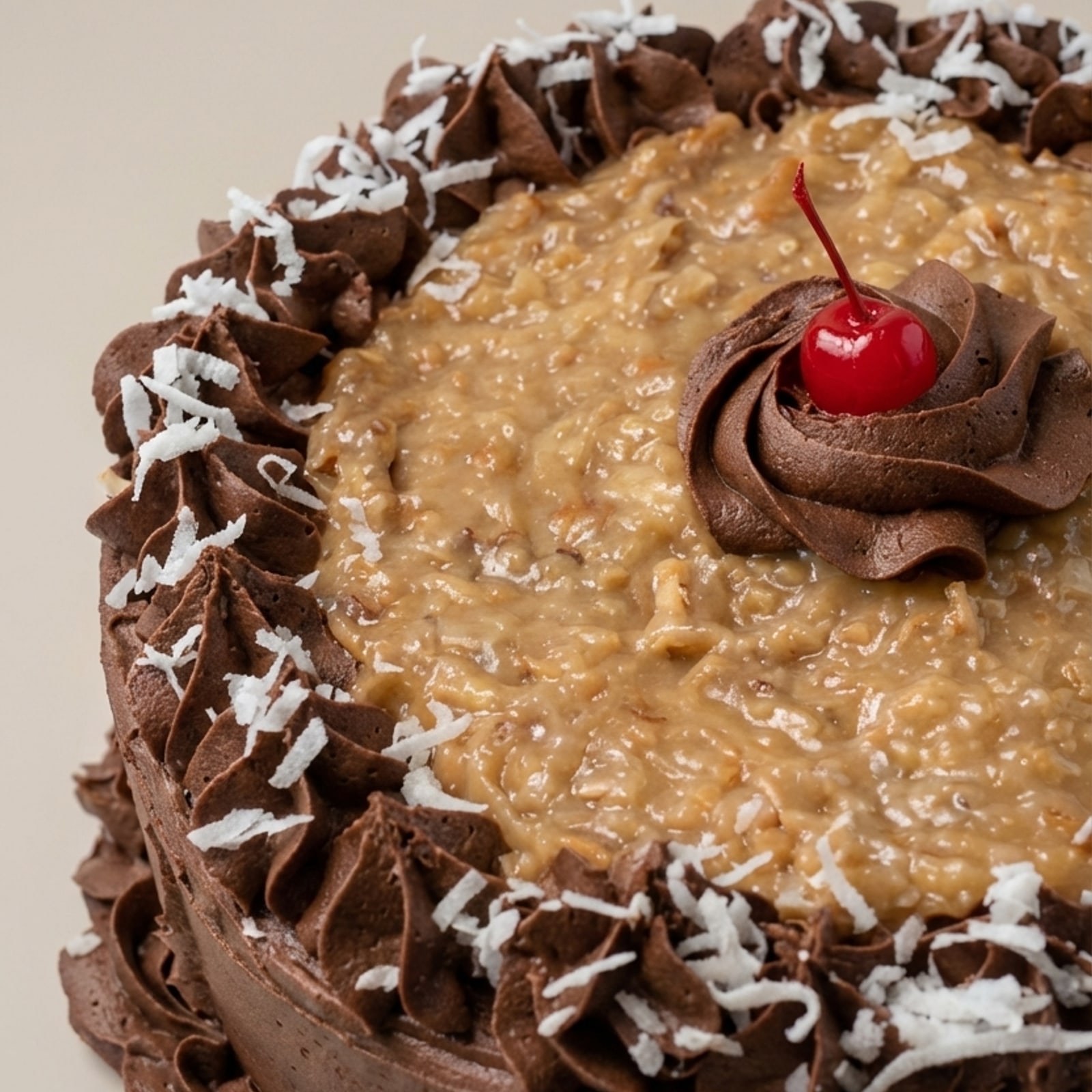 German chocolate cake with coconut-pecan topping, chocolate rosettes, and a cherry center.
