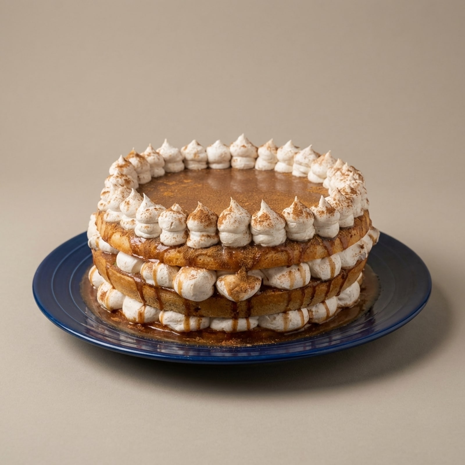 Three-layer cake with white frosting dollops, cinnamon dusting, and glossy caramel drizzle on a neutral cake stand.